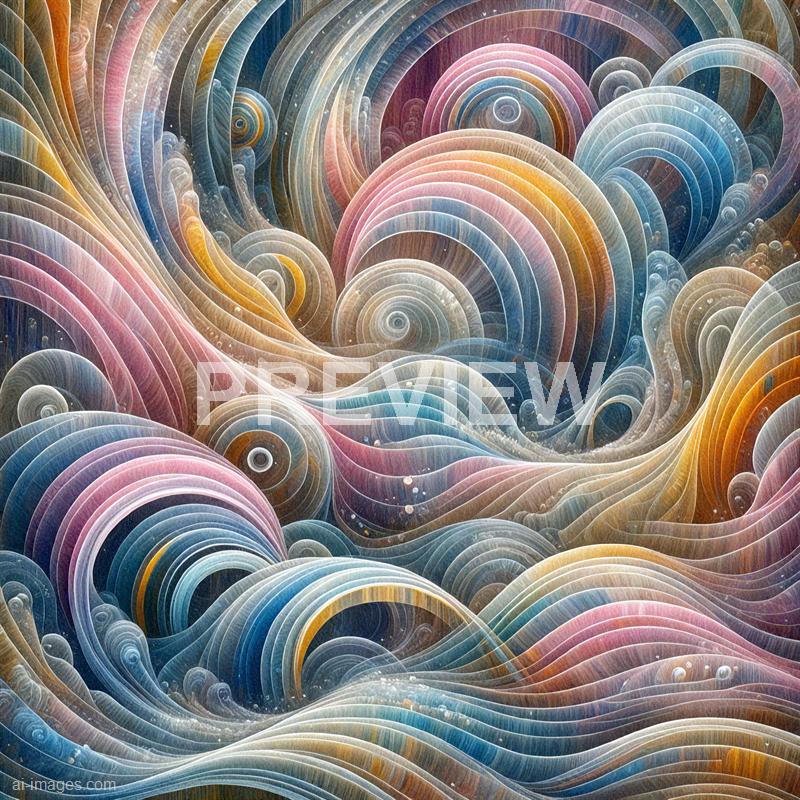 The image features an intricate and colorful abstract pattern composed of numerous swirling, concentric, and spiral shapes. These shapes are layered and interconnected, creating a sense of depth and movement, with a palette that includes shades of pink, blue, orange, and beige, giving it a vibrant and dynamic appearance. The texture appears detailed with fine lines and a slight translucence, adding to the complexity of the design.